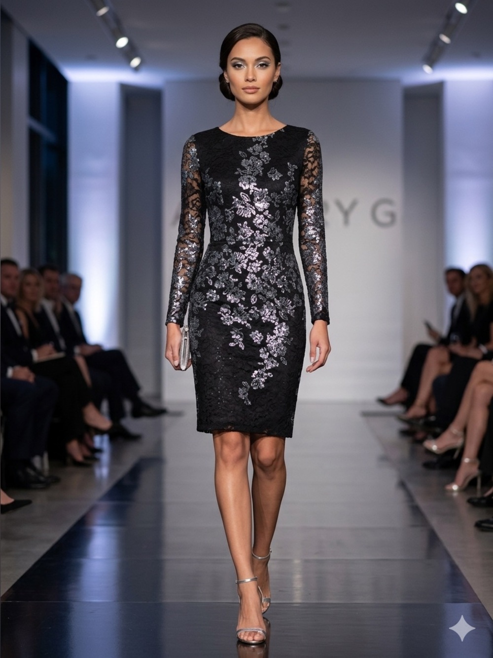 Avery Black Long-Sleeve Sequin Floral Sheath Dress